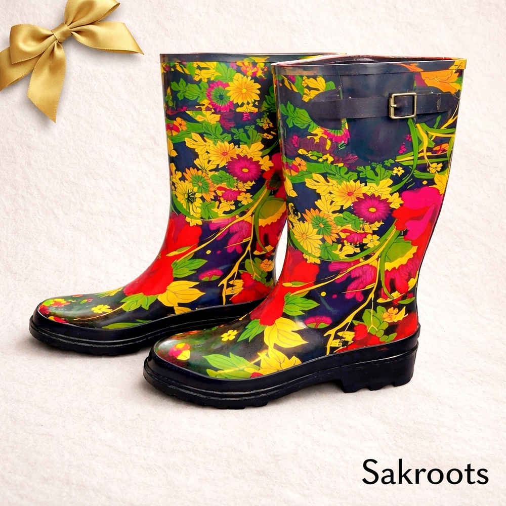 Sakroots Rain Boots Rubber Floral Peace Buckle Size 8
